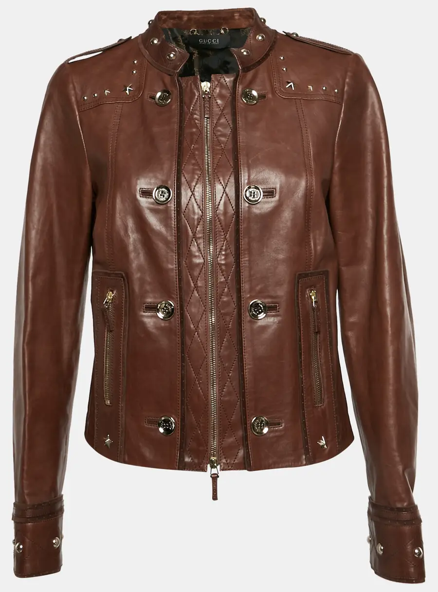 Gucci Brown Leather Star Stud Biker Jacket L