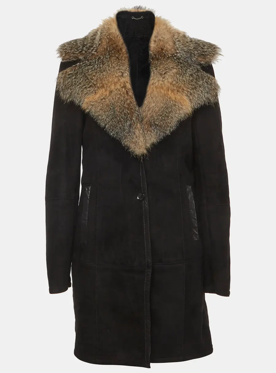 Gucci Black Suede and Fur Trim Single Breasted Shearling Coat M