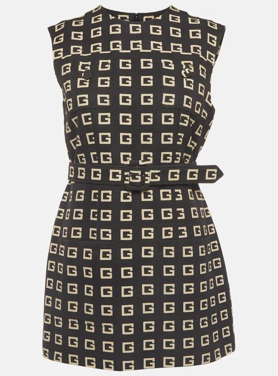 Gucci Black Square G Print Faille Belted Tunic Dress M