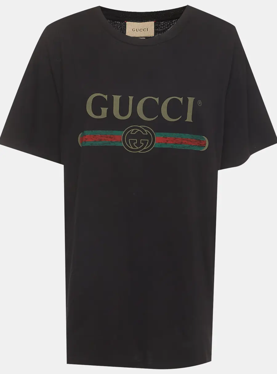 Gucci Black Vintage Logo Print Jersey Distressed Detail T-Shirt L