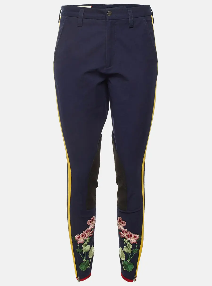 Gucci Navy Blue Floral Applique Stretch Cotton Cropped Skinny Pants M