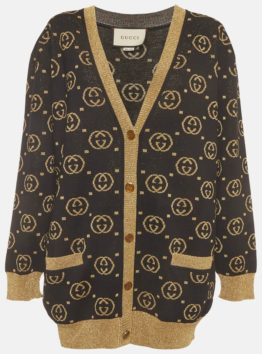 Gucci Black/Gold Monogram Jacquard Lurex Knit Cardigan L