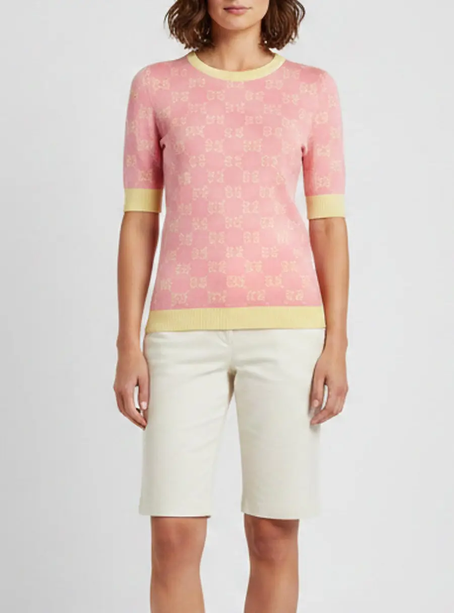 Gucci Pink Monogram Knit Short Sleeve Sweater S