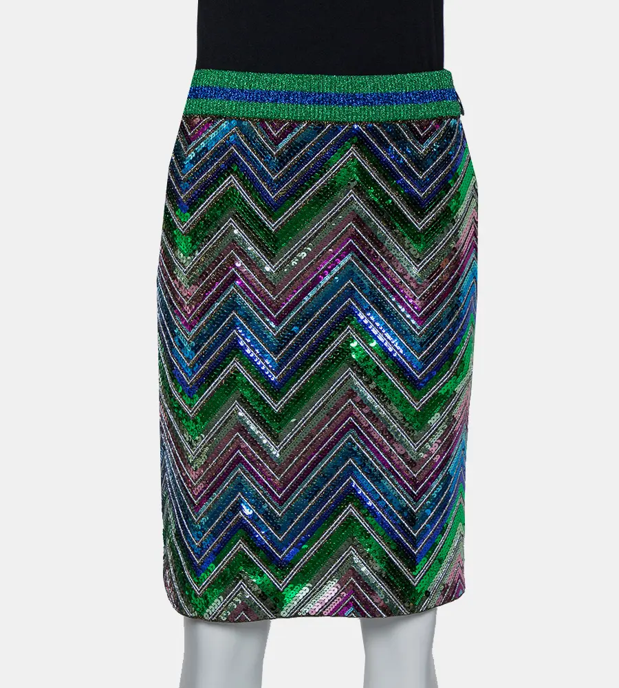 Gucci Multicolor Lurex Knit Chevron Pattern Sequin Embellished Skirt L
