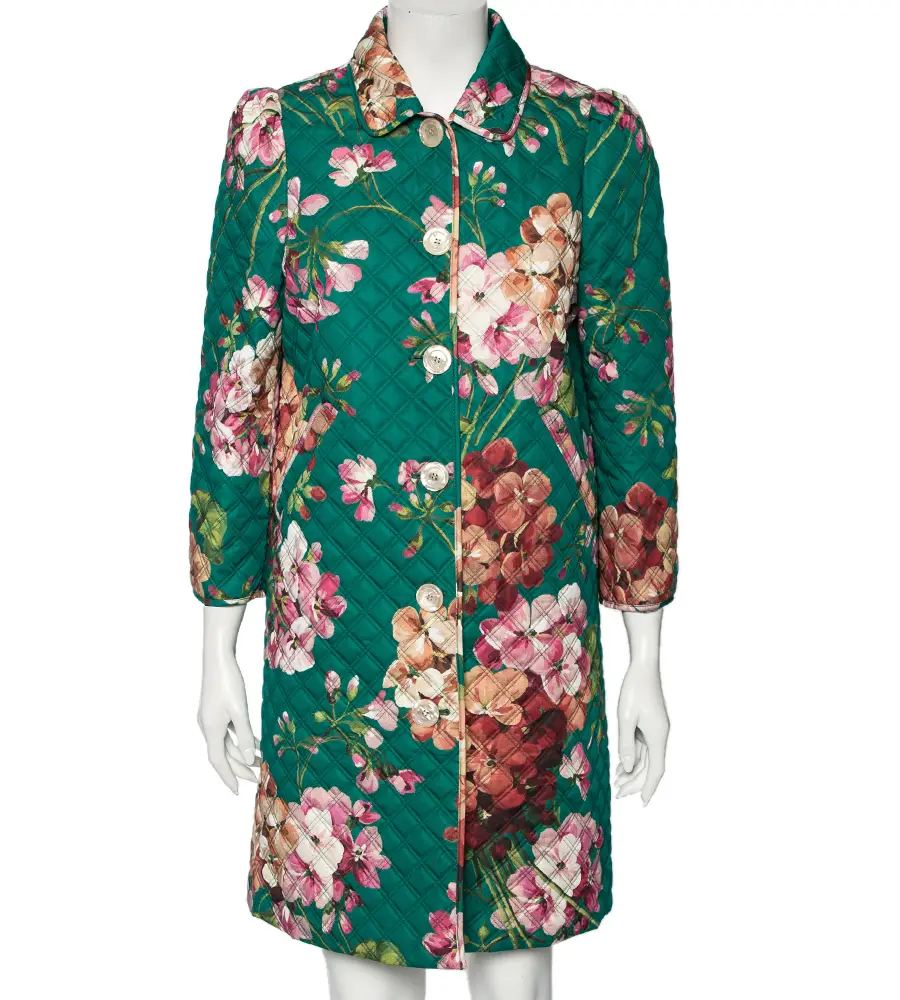 Gucci Green Floral Printed Quilted Cotton Button Front Coat M