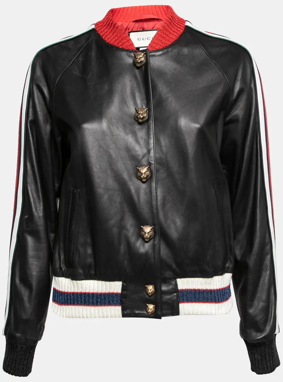Gucci Black Leather Hollywood Embroidered Bomber Jacket M
