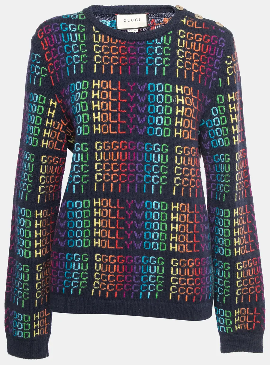 Gucci Navy Blue Multicolor Hollywood Patterned Wool Sweater M