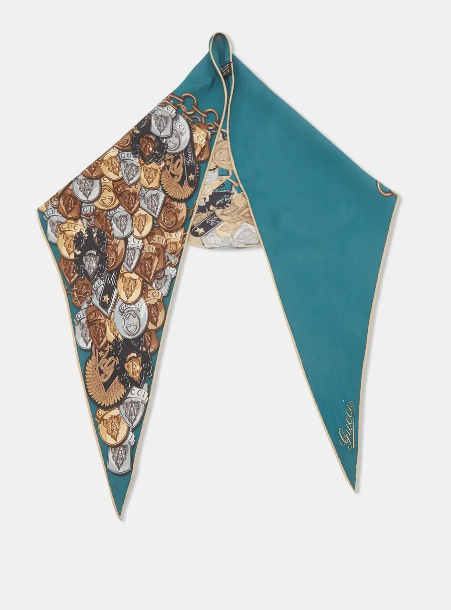 Gucci Teal Crest Chain Print Silk Triangle Scarf