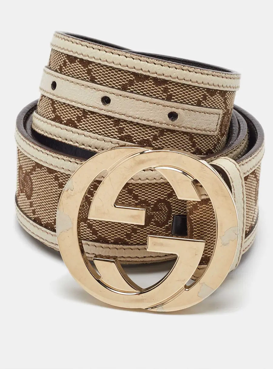 Gucci Beige GG Canvas and Leather Interlocking G Buckle Belt 95CM