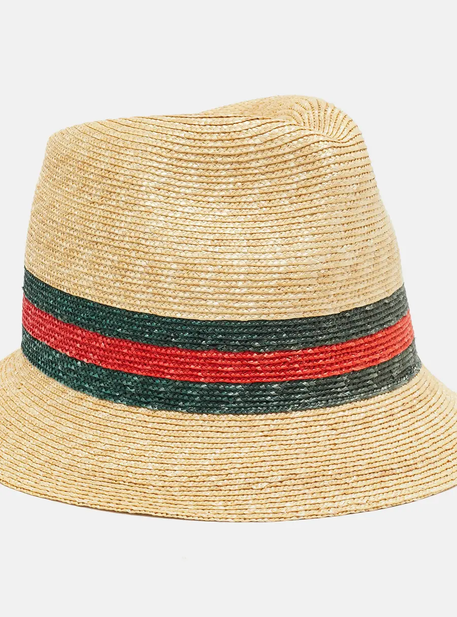 Gucci Brown Web Print Straw Fedora Hat M