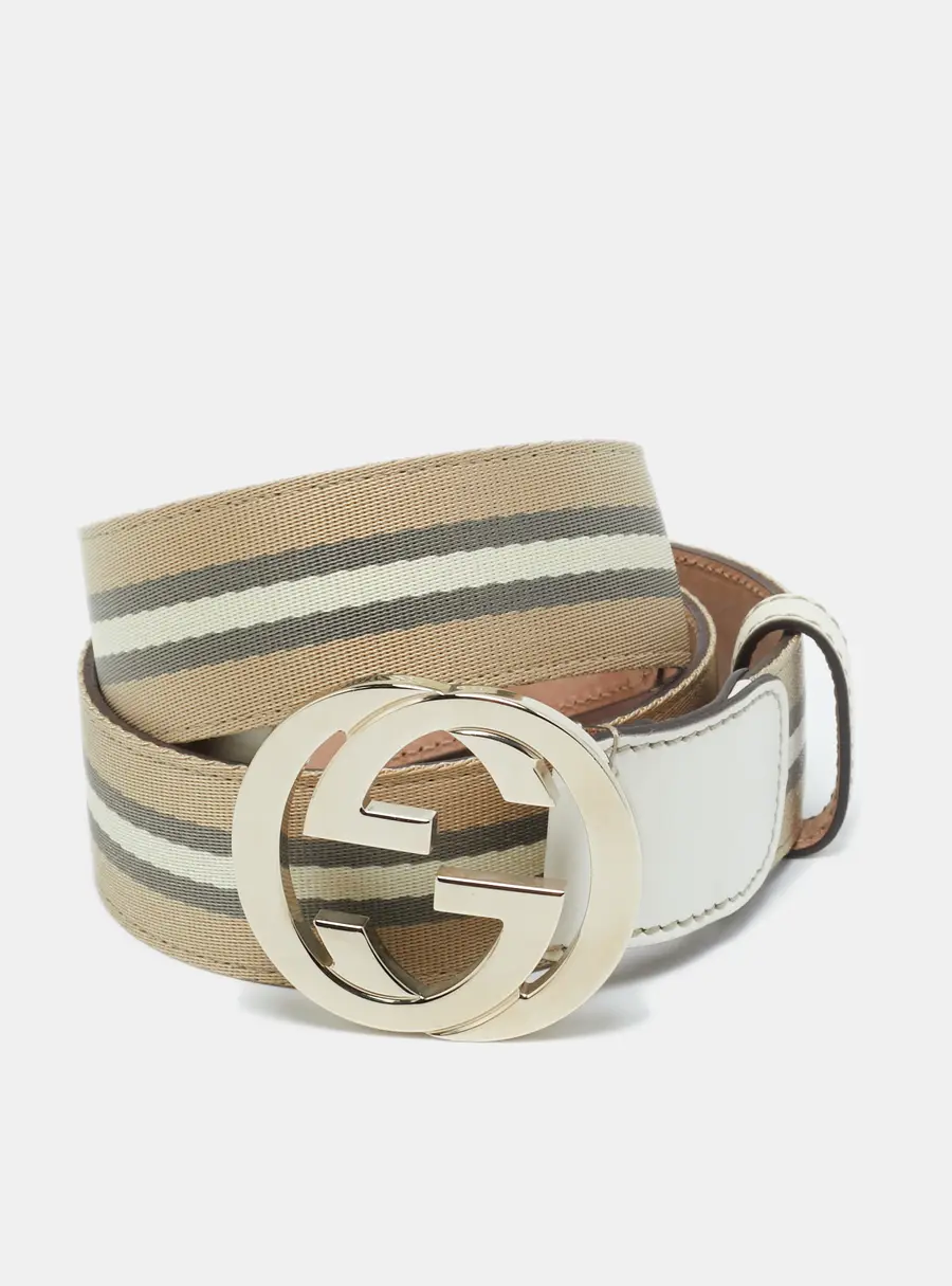 Gucci Beige/White Web Canvas and Leather Interlocking G Buckle Belt 90CM