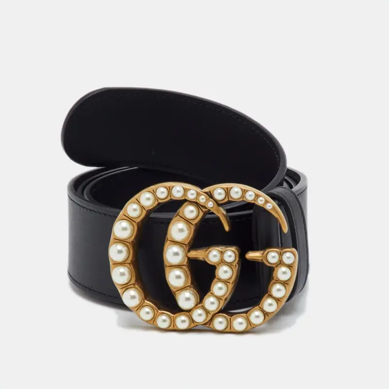 Gucci Black Leather Pearl Embellished GG Marmont Belt 95CM