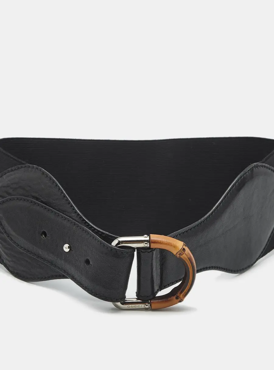 Gucci Bamboo Buckle 65CM Waist Belt Black Elastic Fabric and Leather
