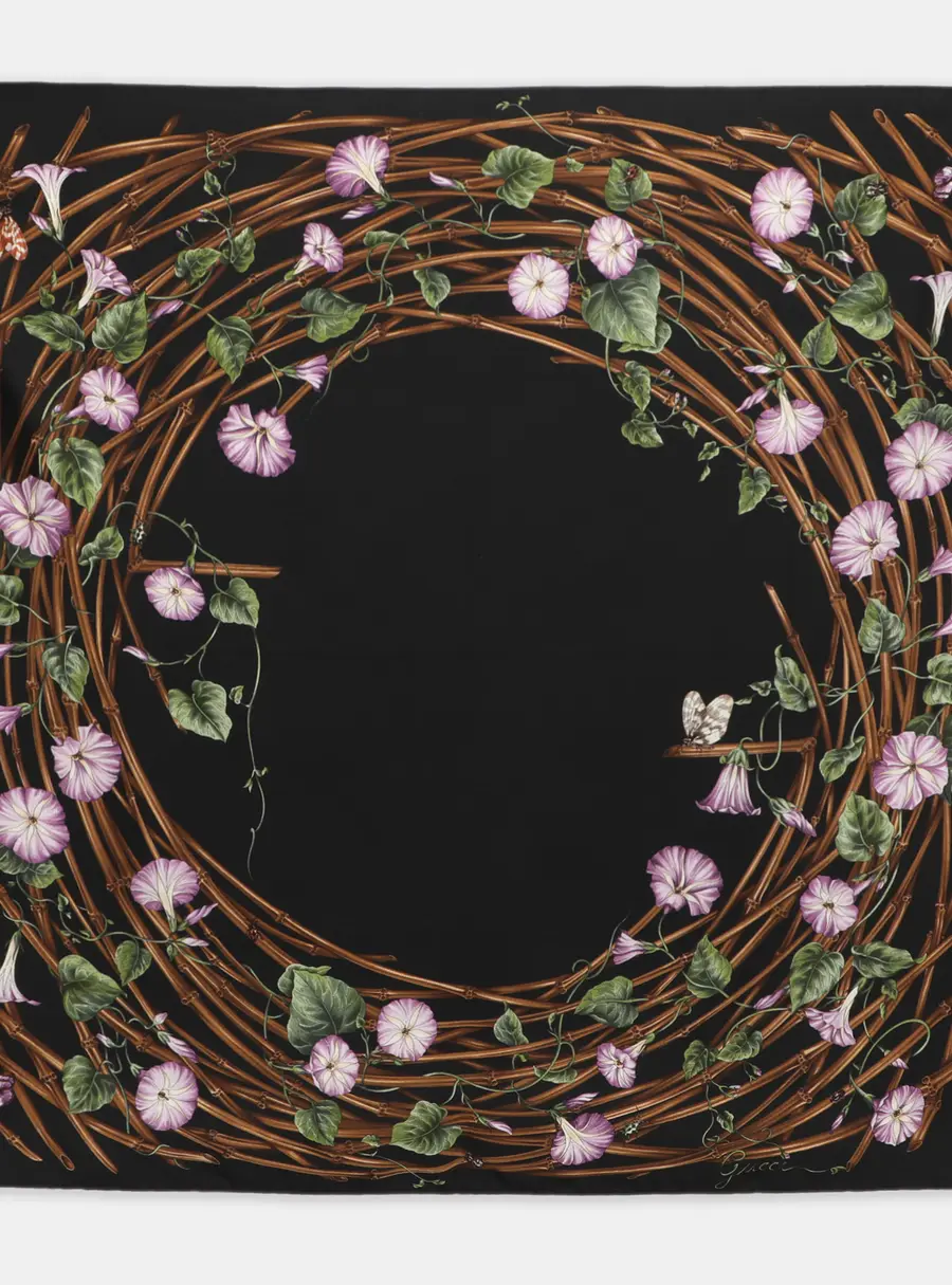 Gucci Black Floral Wreath Print Scarf