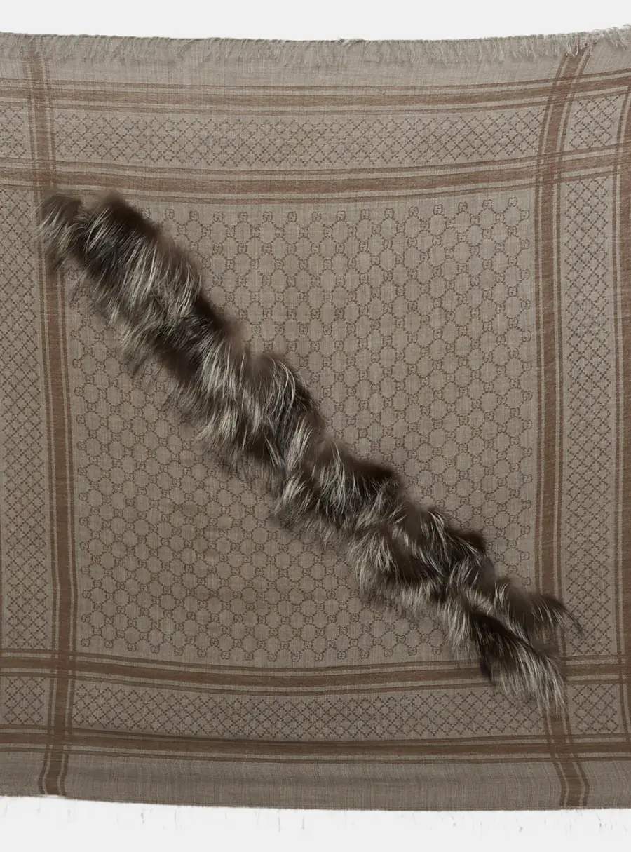 Gucci Brown Monogram Silk Wool Fox Fur Trim Wrap Shawl