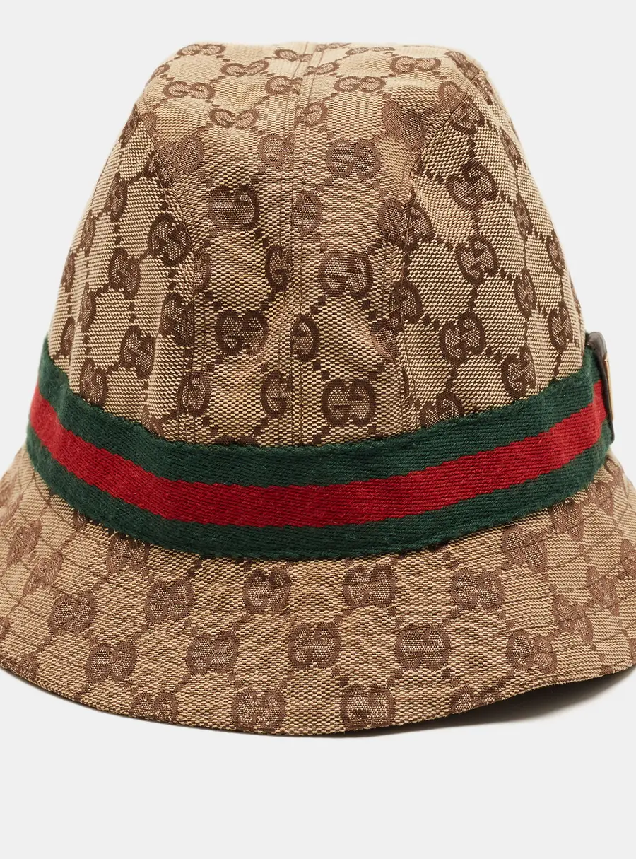 Gucci Brown Web Striped Monogram Jacquard Canvas Bucket Hat M