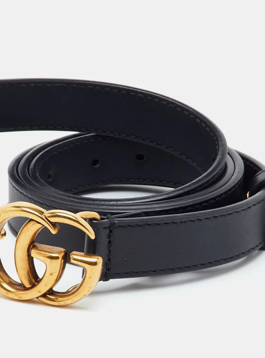 Gucci Black Leather GG Marmont Buckle Narrow Belt 75CM