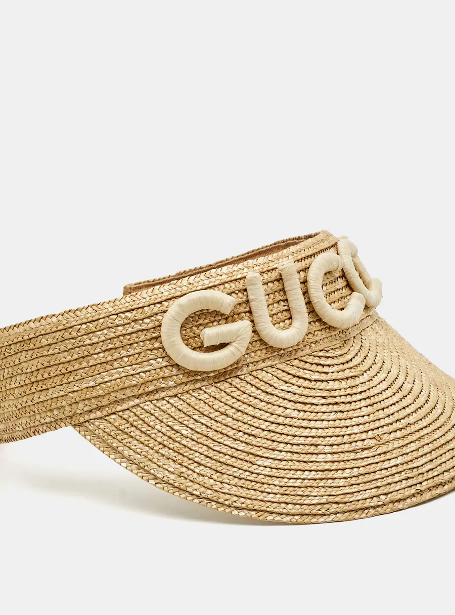 Gucci Beige Logo Embellished Straw Stella Visor Hat Size 58