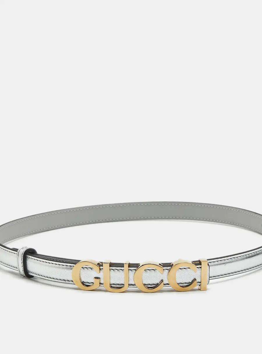 Gucci Gucci Logo 60CM Slim Belt Silver Leather