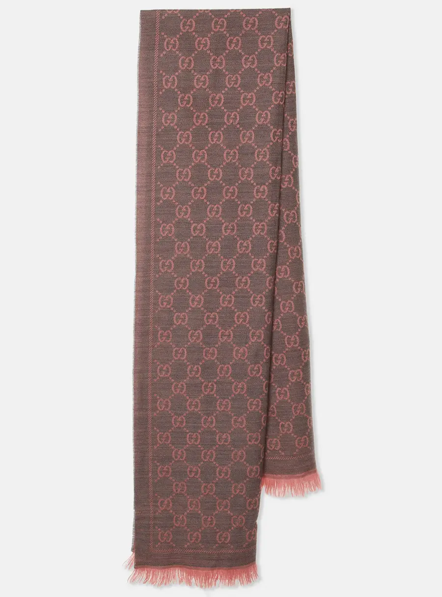 Gucci Pink/Grey GG Jacquard Wool Reversible Scarf