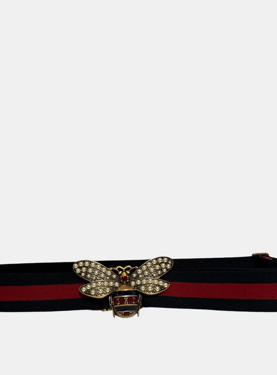 Gucci Navy and Red Queen Margaret Bee Elastic Belt