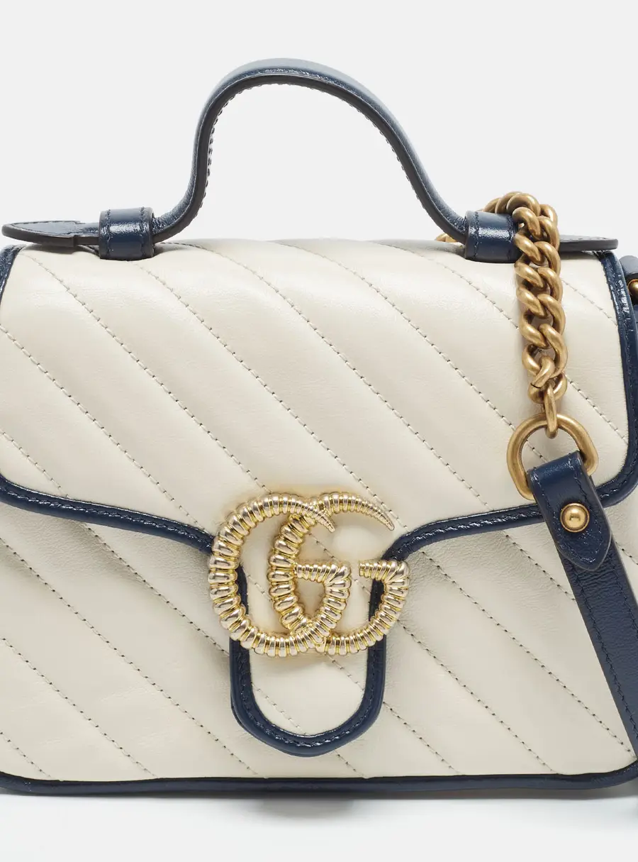 Gucci GG Marmont Torchon Mini Off White/Navy Blue Matelass&eacute; Leather Top Handle Bag