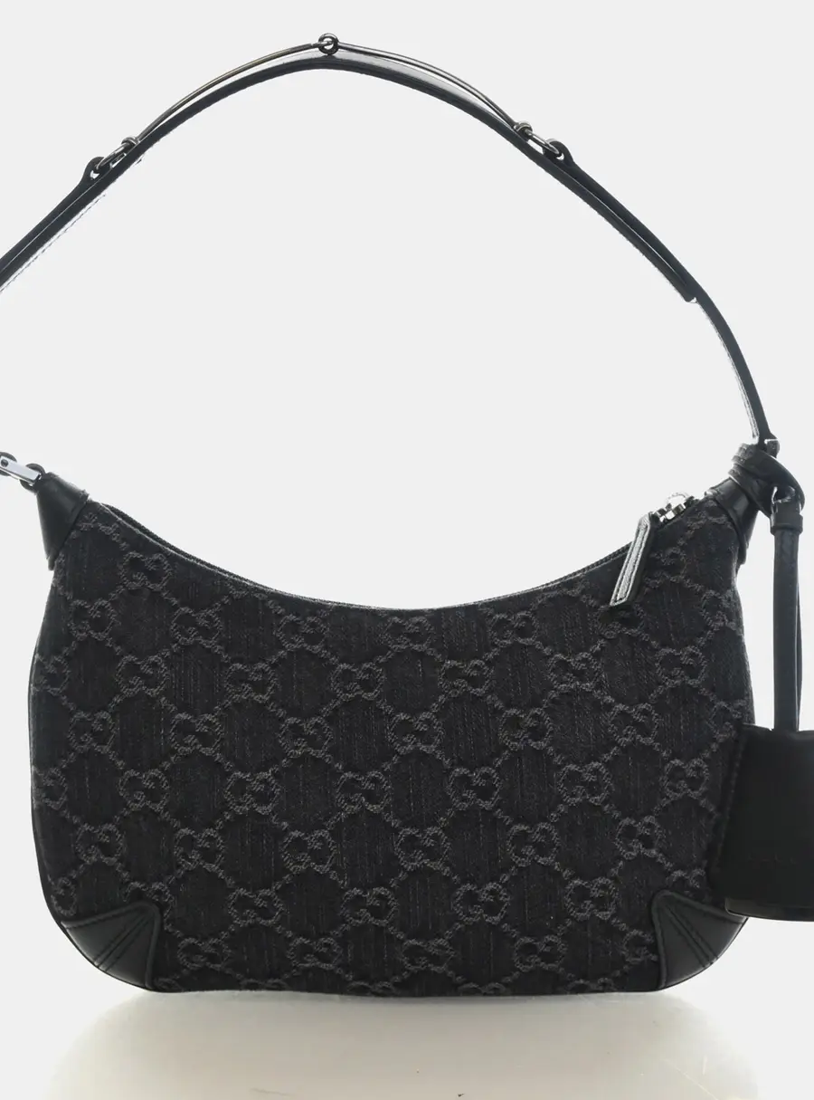 Gucci Horsebit Slim Small Black GG Denim Leather Shoulder Bag