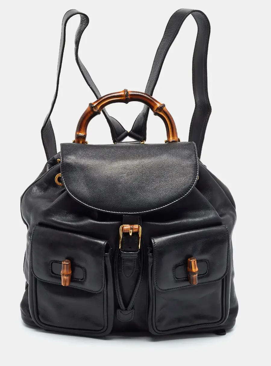Gucci Bamboo Twin Pocket Black Leather Backpack