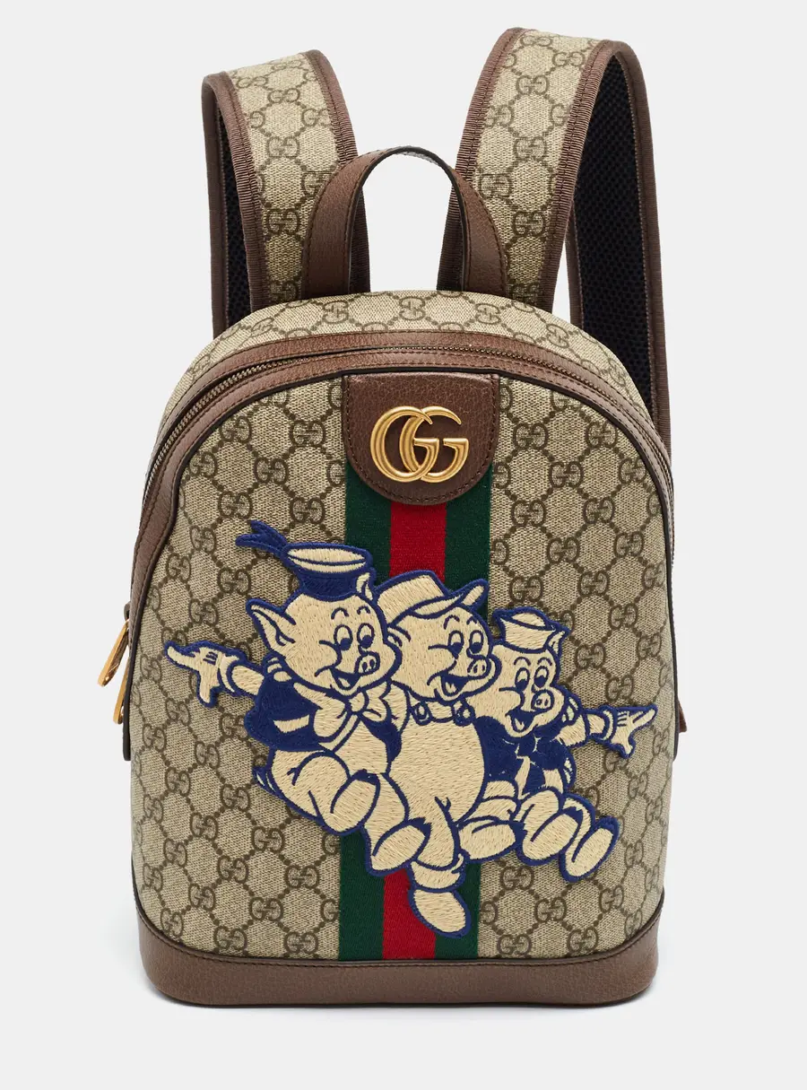 Gucci x Disney Three Little Pigs Ophidia Beige GG Supreme Canvas and Leather Backpack
