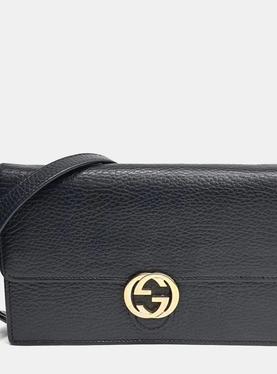 Gucci Black Leather Interlocking Chain Crossbody Bag (615523)