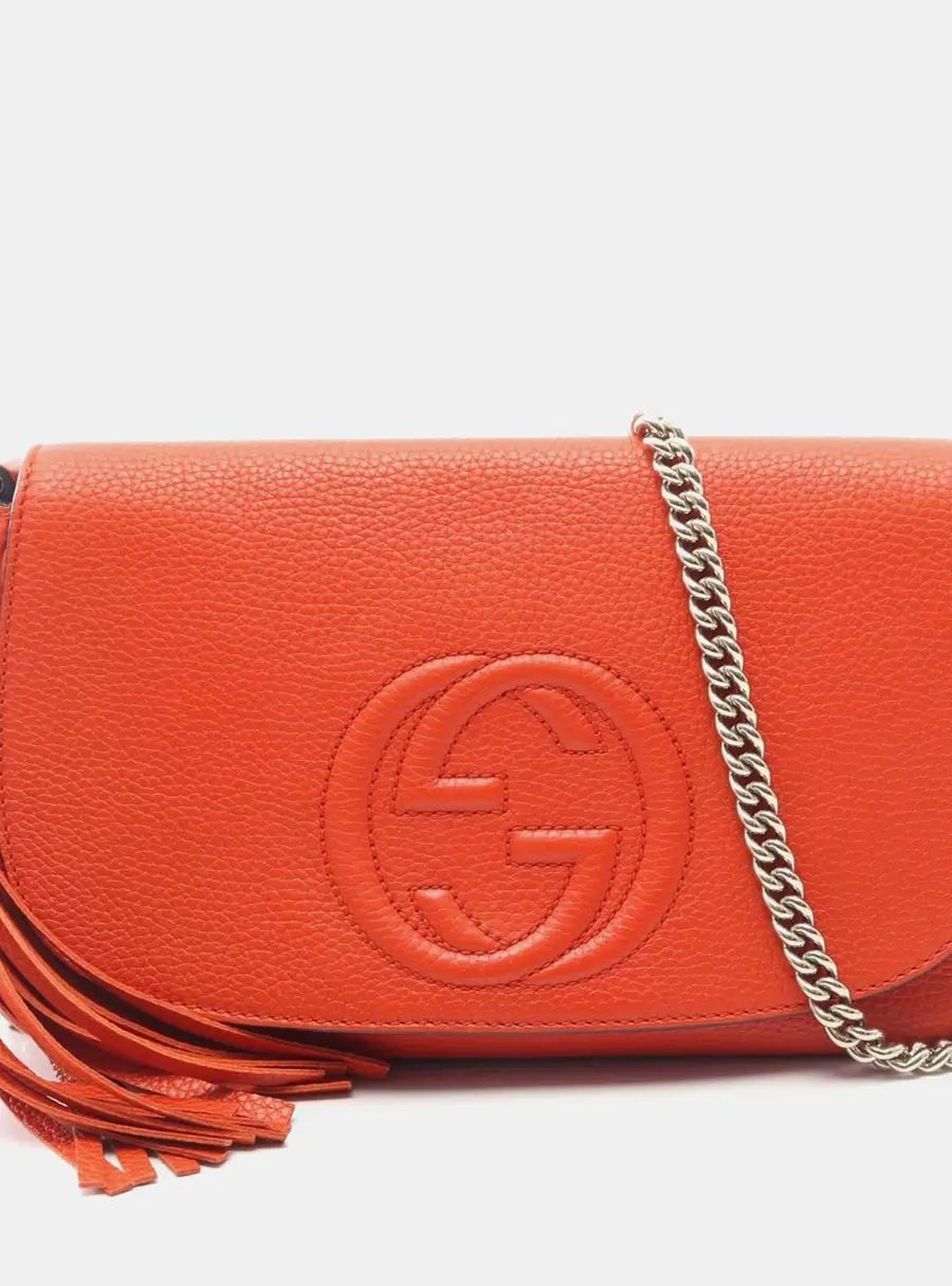 Gucci Soho Medium Orange Pebbled Calfskin Leather Flap Chain Crossbody Bag