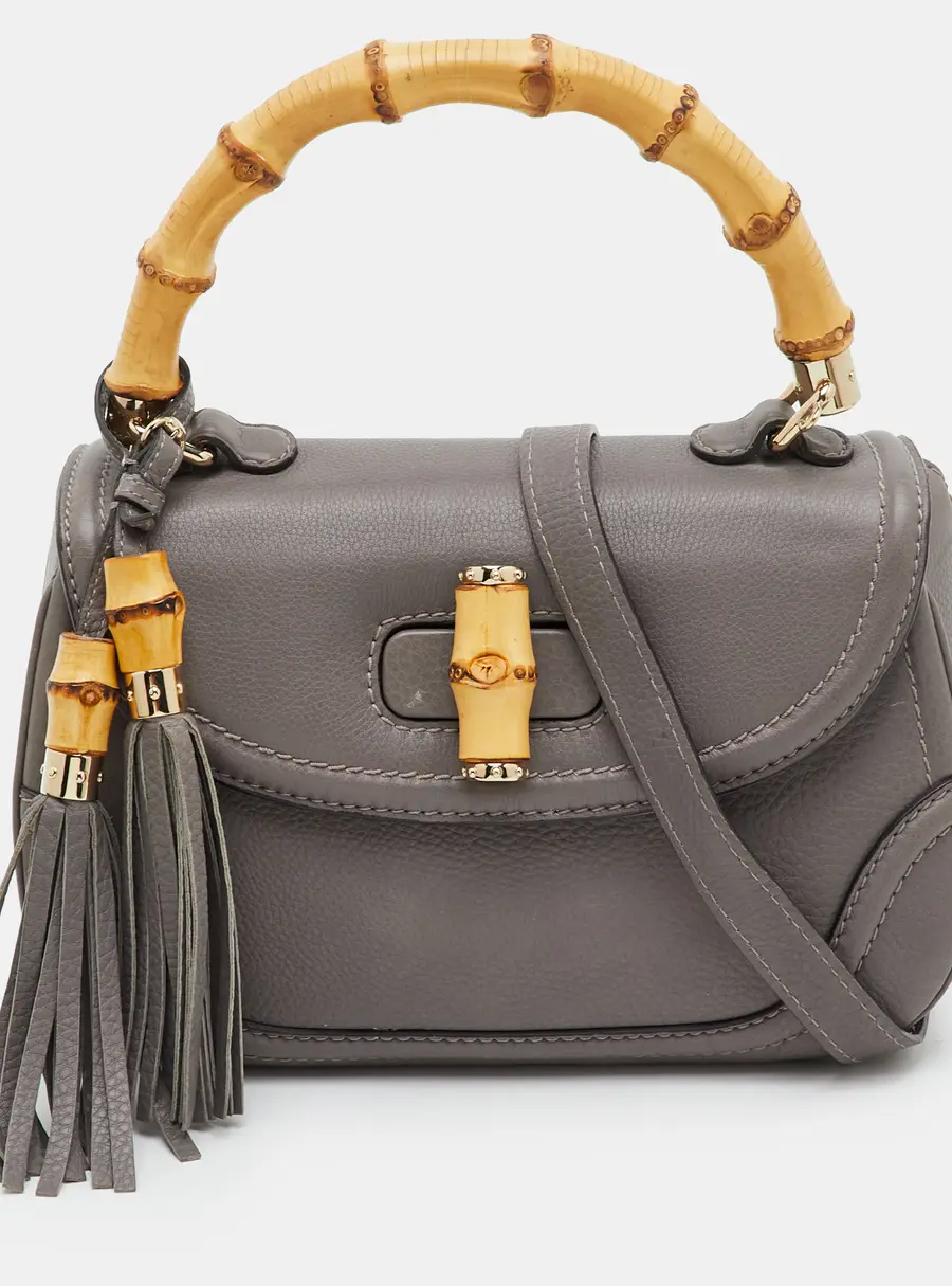 Gucci Bamboo 1947 Medium Taupe Grey Leather Top Handle Bag