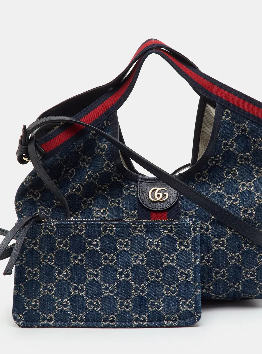 Gucci Giglio Small Navy Blue GG Denim and Leather Web Tote
