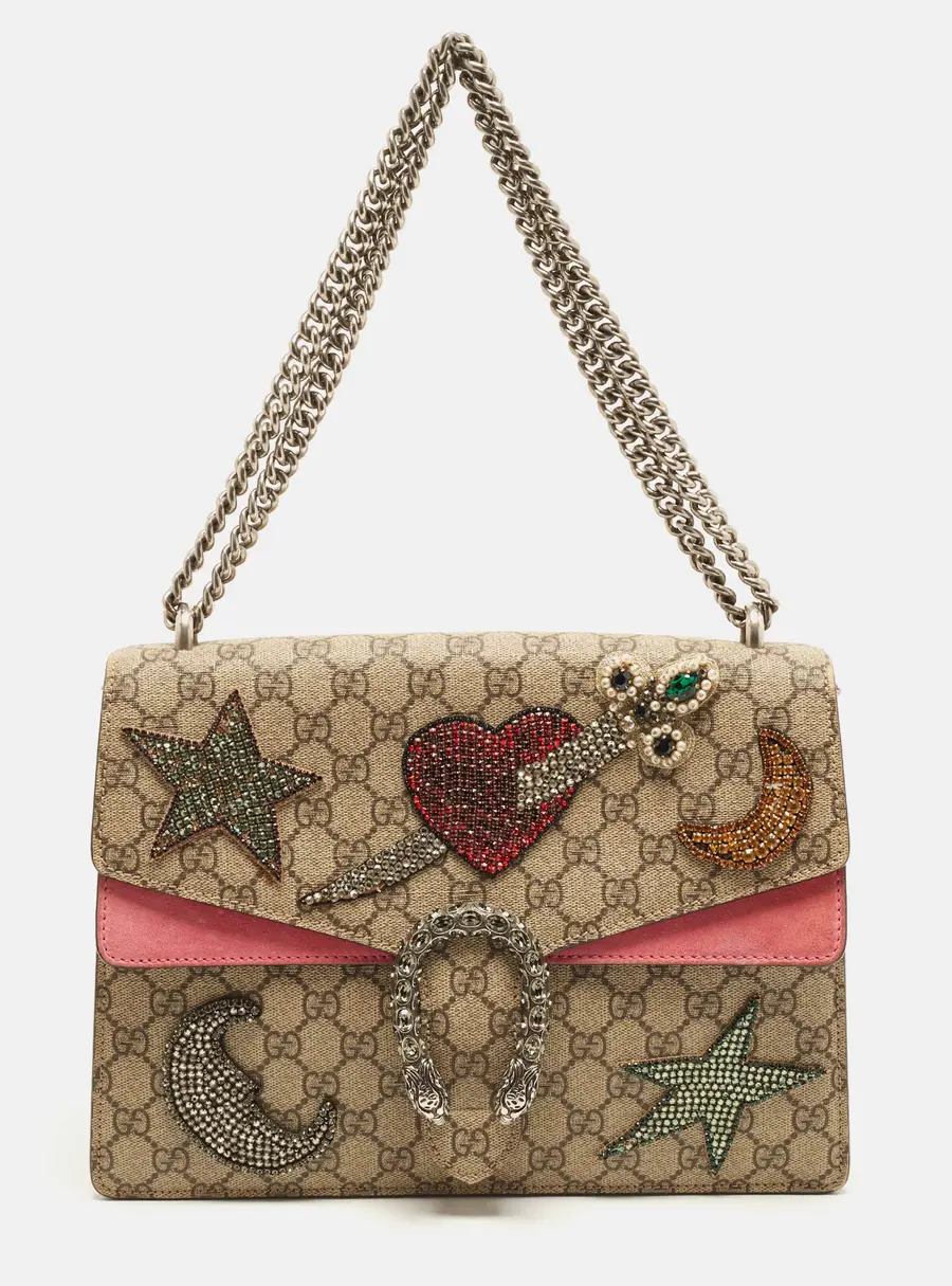 Gucci Embellished Patch Dionysus Medium Pink/Beige GG Supreme Canvas Shoulder Bag