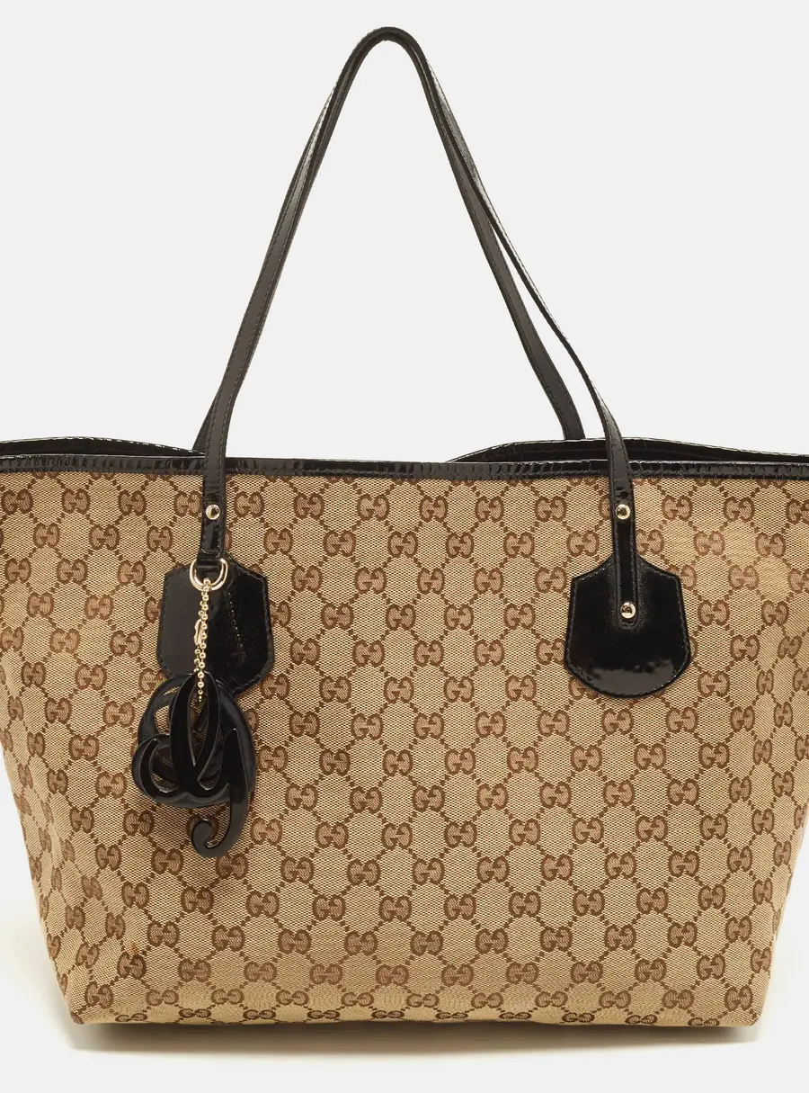 Gucci Jolie Charms Large Black/Beige GG Canvas and Patent Leather Tote