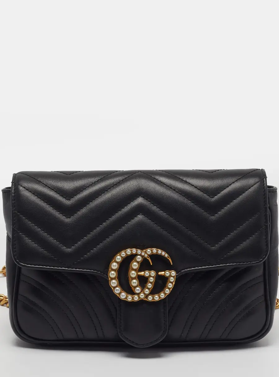 Gucci GG Marmont 2.0 Faux Pearl Black Matelass&eacute; Leather Belt Bag