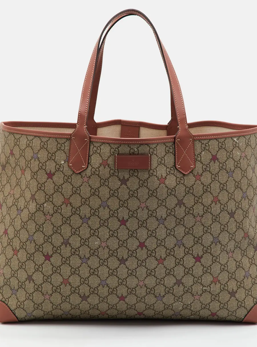 Gucci Stars Print Beige/Peach GG Supreme Canvas and Leather Tote