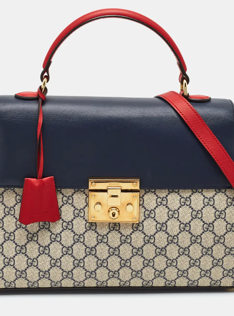 Gucci Padlock Medium Navy Blue/Red GG Supreme Canvas and Leather Top Handle Bag