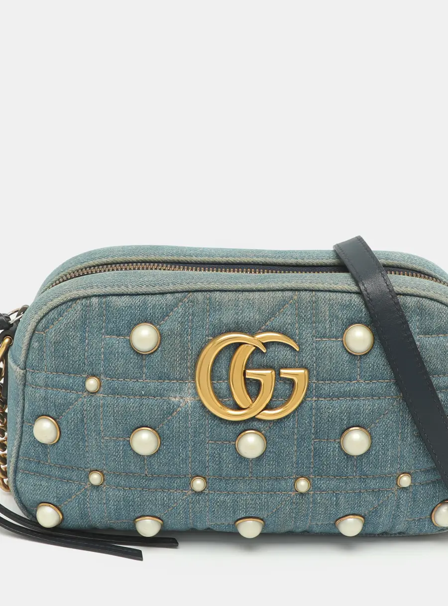 Gucci GG Marmont Pearl Embellished Light Blue Denim Camera Bag