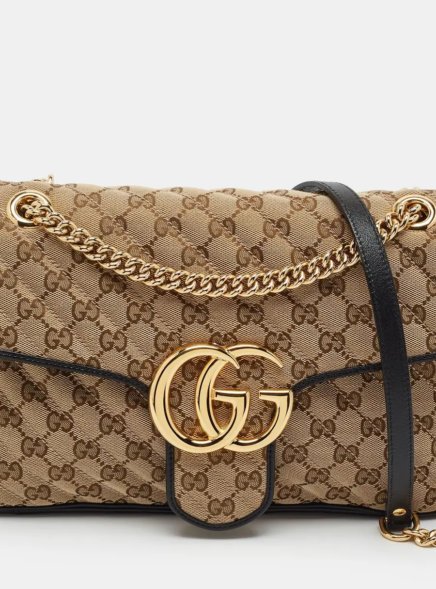 Gucci GG Marmont Medium Beige/Black Matelassé GG Canvas and Leather Shoulder Bag