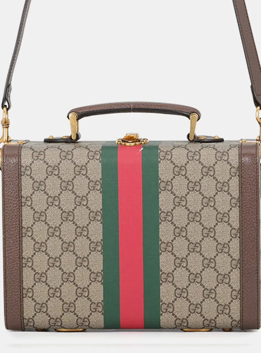 Gucci Savoy Beauty Case 2-Way Bag Beige/Brown/Green Gg Supreme Leather
