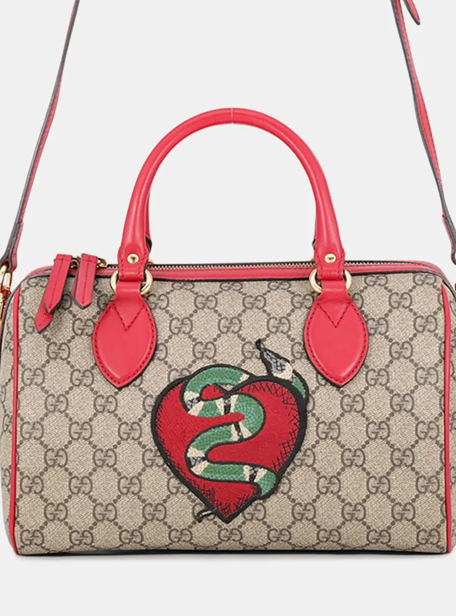 Gucci Gg Supreme Small Boston 2Way Bag Beige/Red Gg Supreme Leather
