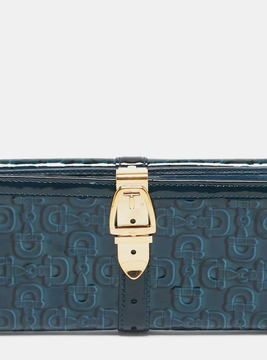 Gucci Blue Horsebit Embossed Patent Leather Buckle Flap Continental Wallet
