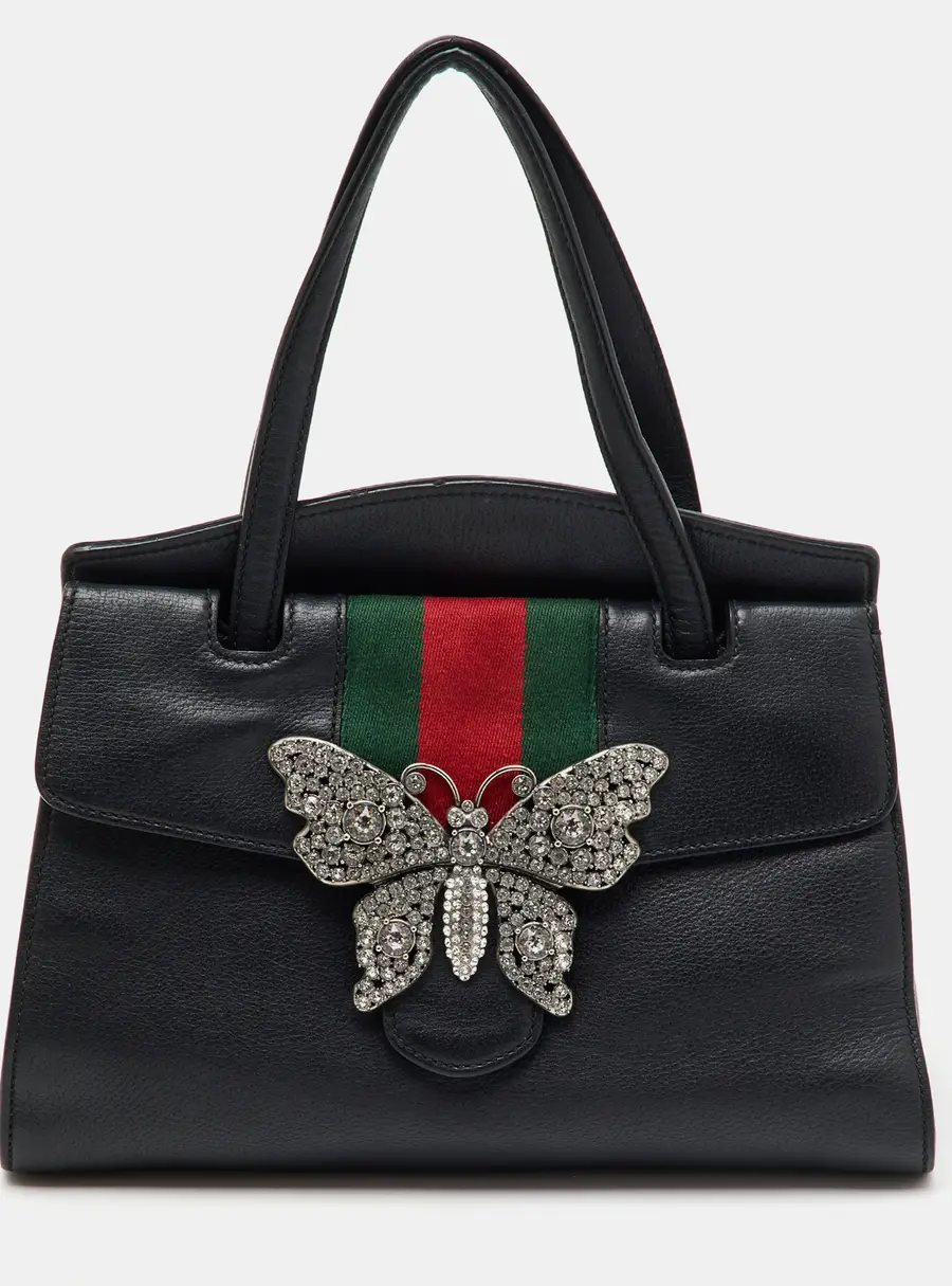 Gucci Black Leather Medium Web Butterfly Embellished Medium Linea Totem Tote