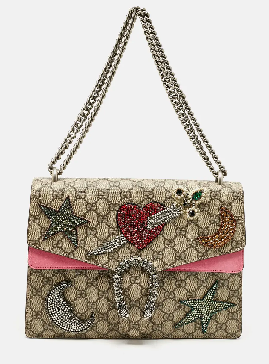 Gucci Pink/Beige GG Supreme Canvas and Suede Medium Crystals Embellished Dionysus Shoulder Bag