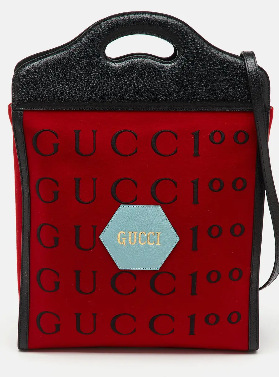 Gucci Red/Black Felt and Leather Script Logo 100 Centennial Tote