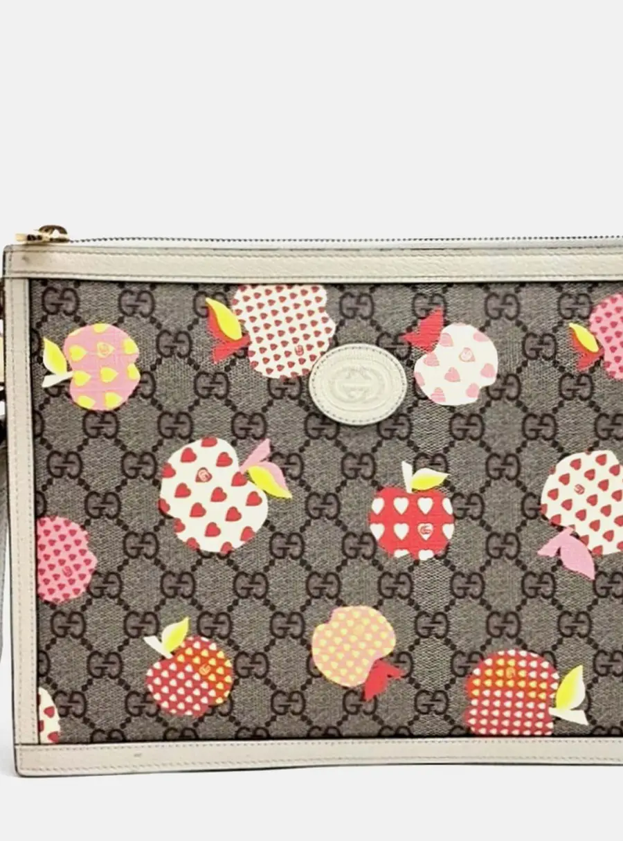 Gucci Les Pommes GG Supreme Beige Brown Coated Canvas Pouch Bag