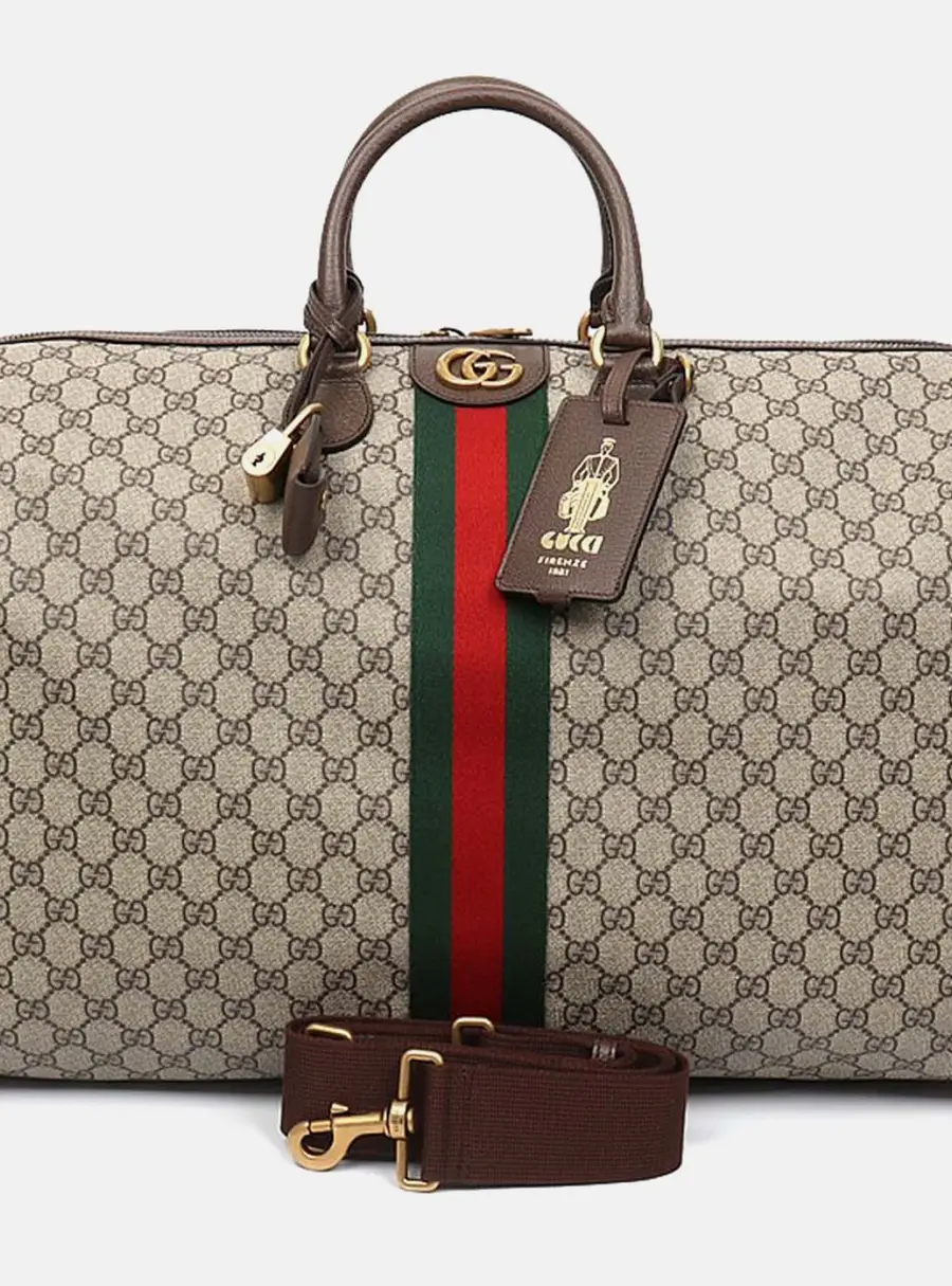 Gucci Beige Brown Leather and Coated canvas Ophidia Savoy Duffel Bag