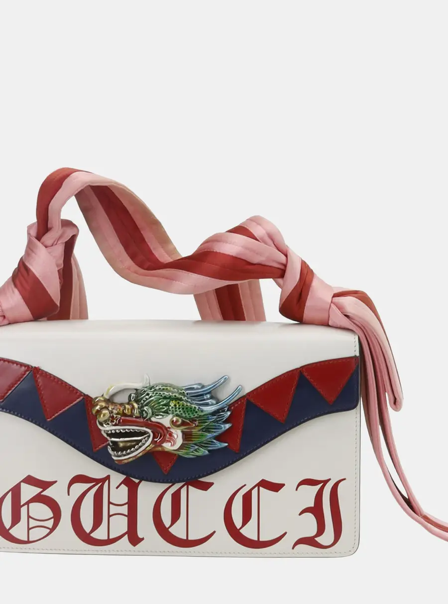 Gucci White Leather Satin Naga Dragon Head Shoulder Bag