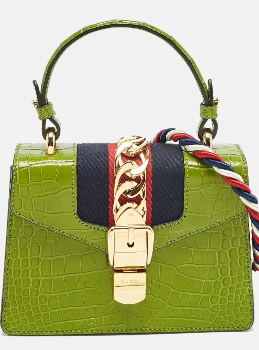 Gucci Olive Alligator Mini Web Sylvie Top Handle Bag